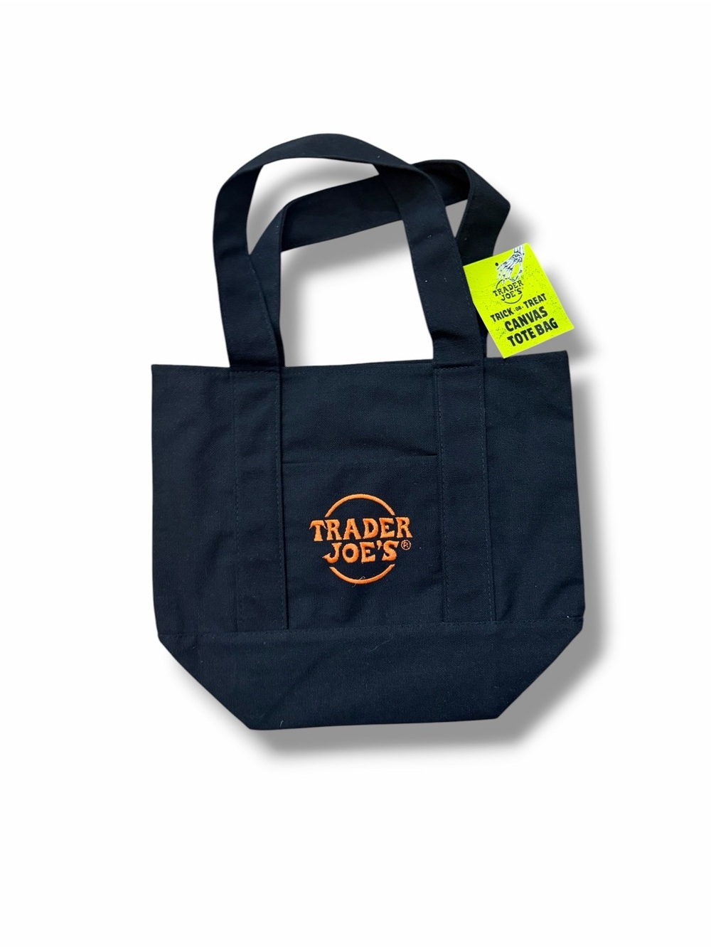 NWT Trader Joe's Mini Halloween Canvas Tote Bag Black with Orange Stitched Logo